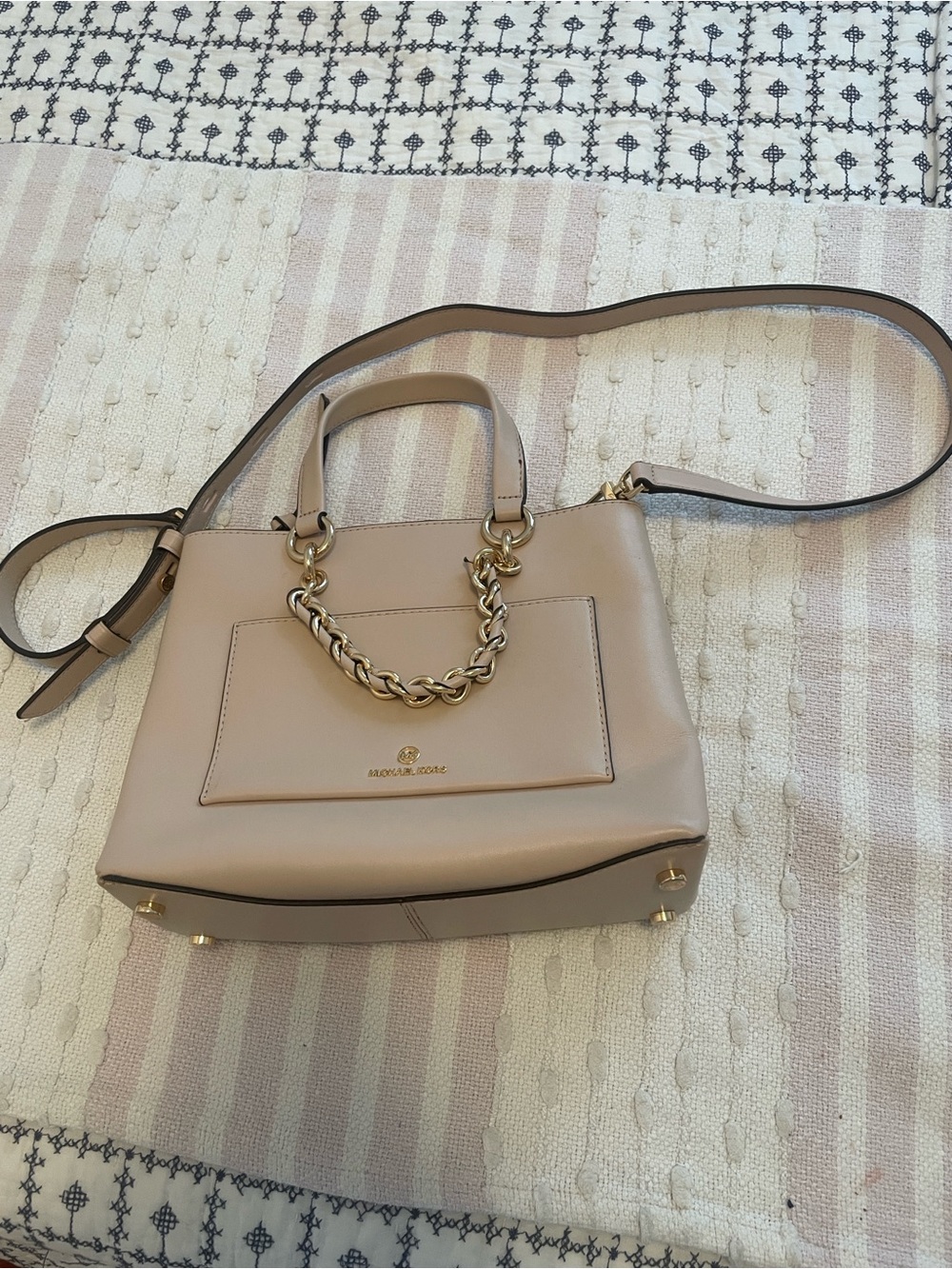 MICHAEL KORS Pebbled Leather Satchel in Light Beige with Gold Hardware